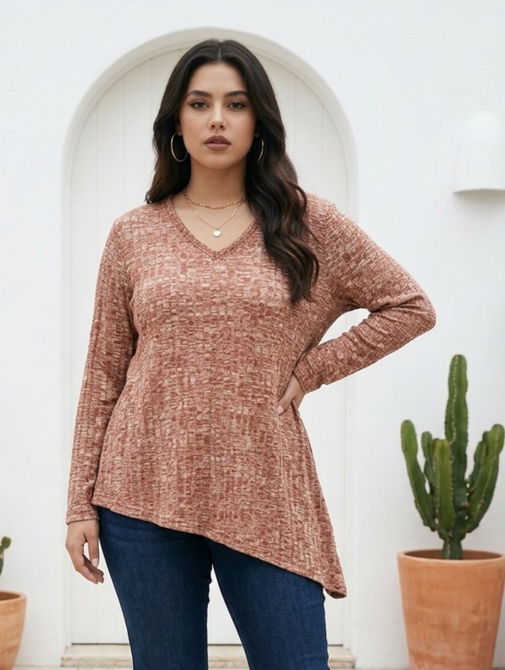 New Directions 2X Terracotta Tunic Top Asymmetrical Hem Ribbed Knit Plus Size
